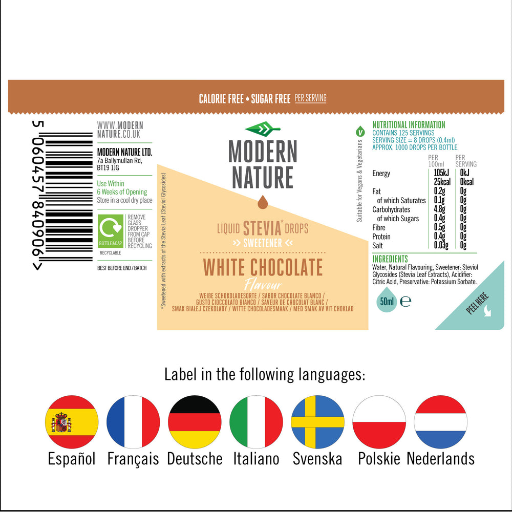 Flüssiger Stevia-Tropfen-Süßstoff – Geschmack weiße Schokolade – 50 ml